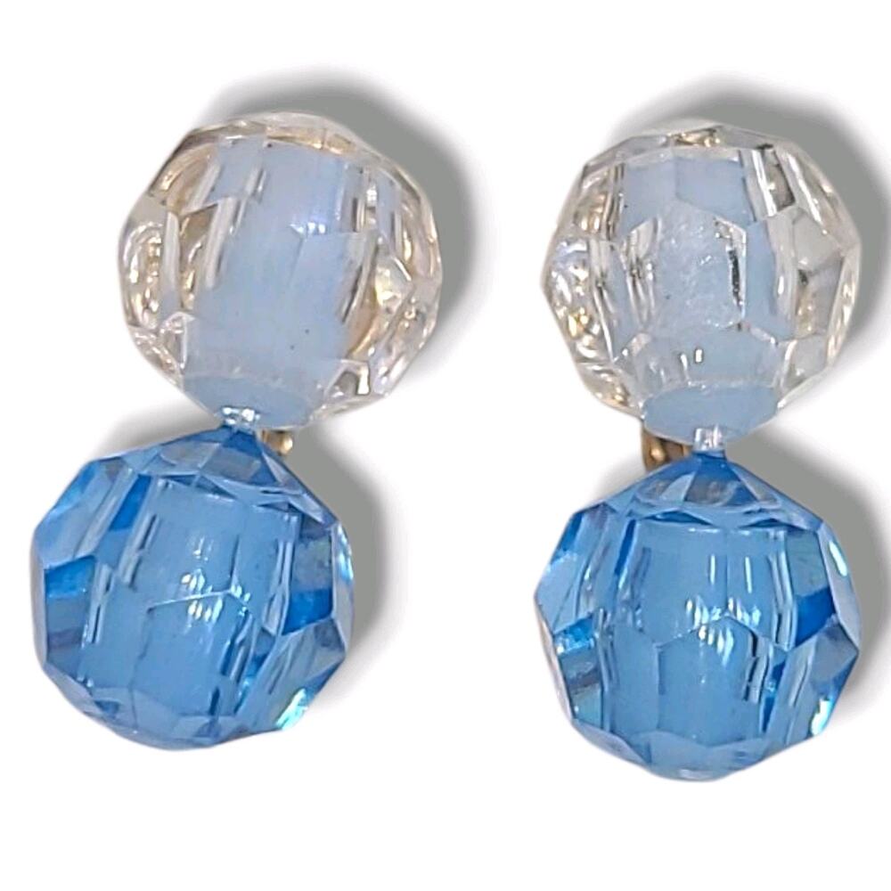 Signed Richelieu Clip-On Earrings Gold Tone & Blue Lucite Faceted Beads Vintage